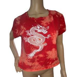 Rue 21 Red Tie Dye Dragon Print Extended Crop Short Sleeve T-Shirt